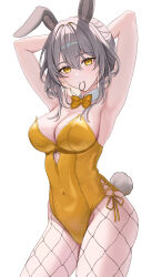 Rule 34 | 1girl, absurdres, animal ears, armpits, arms behind head, bow, bowtie, breasts, commentary, covered navel, cowboy shot, detached collar, fake animal ears, fake tail, fishnet pantyhose, fishnets, grey hair, hair tie in mouth, highres, honkai: star rail, honkai (series), leotard, long hair, looking at viewer, medium breasts, mouth hold, pantyhose, playboy bunny, rabbit ears, rabbit tail, sicle, side-tie leotard, simple background, solo, stelle (honkai: star rail), strapless, strapless leotard, tail, trailblazer (honkai: star rail), white background, yellow bow, yellow bowtie, yellow eyes, yellow leotard
