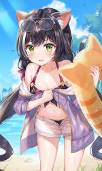 Rule 34 | 1girl, absurdres, animal ear fluff, animal ears, bare shoulders, beach, bikini, black bikini, black hair, blue sky, blush, cat ears, cat tail, cloud, collarbone, day, drawstring, eyewear on head, frown, green eyes, halterneck, highres, holding, innertube, jacket, karyl (princess connect!), karyl (summer) (princess connect!), light rays, long hair, looking at viewer, multicolored hair, navel, off shoulder, open clothes, open fly, open jacket, open mouth, outdoors, princess connect!, purple jacket, short shorts, shorts, sky, solo, standing, stomach, streaked hair, sunbeam, sunglasses, sunlight, swim ring, swimsuit, tail, thighs, tokkyu, v-shaped eyebrows, very long hair, water, wet, white hair, white shorts