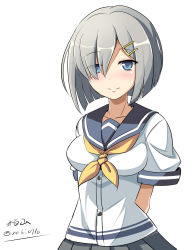 Rule 34 | 10s, 1girl, arms behind back, blue eyes, blush, breasts, collarbone, eyes visible through hair, female focus, hair ornament, hair over one eye, hairclip, hamakaze (kancolle), highres, kantai collection, kayama kenji, large breasts, looking at viewer, neckerchief, school uniform, serafuku, short hair, short sleeves, silver hair, simple background, sketch, smile, solo, twitter username, upper body, white background, yellow neckerchief