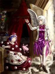 Rule 34 | 2girls, amibazh, angel, arm up, bed, blue eyes, blue hair, book, boots, bow, bowtie, candle, candlestand, canopy bed, cloud, collared shirt, column, curtains, door, doremy sweet, dress, dress shirt, feathered wings, fine art parody, flower, flower pot, full body, hat, indoors, jacket, kishin sagume, long sleeves, multiple girls, parody, pillar, purple dress, purple shirt, red bow, red bowtie, red eyes, shirt, single wing, standing, touhou, vase, white hair, white jacket, white wings, wings