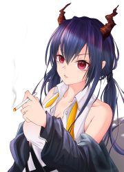 Rule 34 | 1girl, absurdres, arknights, bare shoulders, blue hair, blue jacket, breasts, ch&#039;en (arknights), chain&#039;s, cigarette, cleavage, collarbone, commentary, hair between eyes, hand up, highres, holding, holding cigarette, horns, jacket, large breasts, long hair, long sleeves, low twintails, necktie, off shoulder, open clothes, open jacket, parted lips, red eyes, shirt, sidelocks, simple background, sleeveless, sleeveless shirt, smoke, solo, twintails, undone necktie, upper body, white background, white shirt, wing collar, yellow neckwear