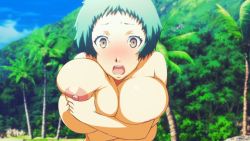 Rule 34 | 1girl, anime screenshot, aqua hair, breasts, brown eyes, chetrippo, covering privates, covering breasts, embarrassed, huge breasts, megami tensei, nipples, nude, nude filter, outdoors, persona, persona 3, persona 3 the movie, screencap, short hair, third-party edit, yamagishi fuuka