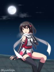 Rule 34 | 10s, 1girl, bad id, bad pixiv id, black gloves, black hair, brown eyes, cloud, cloudy sky, elbow gloves, fingerless gloves, full moon, gloves, hair ornament, kantai collection, moon, night, night sky, open mouth, pleated skirt, rooftop, scarf, school uniform, sendai (kancolle), sendai kai ni (kancolle), serafuku, short hair, sitting, skirt, sky, solo, spaghe (kyoumospaghe), star (sky), starry sky, twitter username, two side up