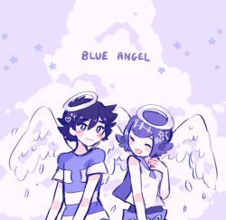 Rule 34 | 1boy, 1girl, angel wings, ash ketchum, black hair, blue hair, blue pants, blue sailor collar, blush stickers, catsubun (kkst0904), closed eyes, closed mouth, commentary, creatures (company), eyelashes, game freak, hair ornament, halo, heart, heart hair ornament, lana (pokemon), nintendo, one-piece swimsuit, open mouth, pants, pokemon, pokemon (anime), pokemon sm (anime), sailor collar, shirt, short hair, short sleeves, sleeveless, sleeveless shirt, smile, star (symbol), striped clothes, striped shirt, swimsuit, swimsuit under clothes, t-shirt, white shirt, wings