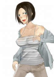 Rule 34 | 1girl, armored core, armored core 3, blue eyes, breasts, brown hair, female focus, from software, kawaguchi yukihiro, lowres, shirt, simple background, solo, standing, striped clothes, striped shirt, white background