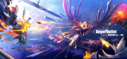 Rule 34 | boots, city, d-zhai, dress, explosion, falling, firing, headphones, highres, megurine luka, pink eyes, pink hair, solo, sword, vocaloid, weapon, wings
