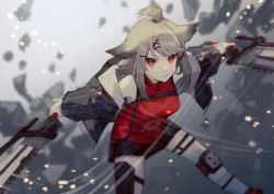 Rule 34 | 1girl, ahoge, animal ears, arknights, black footwear, black jacket, black shorts, blurry, bokeh, brown hair, cutter (arknights), depth of field, female focus, fox ears, grey background, hair ornament, hairclip, highres, jacket, knee pads, looking at viewer, miike (992058), open clothes, open jacket, parted lips, red eyes, red shirt, shirt, short hair, shorts, sleeveless, sleeveless shirt, socks, solo, thigh strap, white socks, x hair ornament