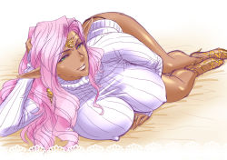 Rule 34 | 1girl, arm support, breasts, circlet, dark-skinned female, dark elf, dark skin, elf, green eyes, highres, large breasts, lips, looking at viewer, mole, mole under mouth, original, pink hair, pointy ears, ribbed sweater, solo, sweater, tatsunami youtoku, wide hips