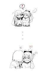 Rule 34 | !, ..., 10s, 2girls, blush, bow, clothes grab, comic, crossed arms, english text, face-to-face, fang, greyscale, hair ribbon, hood, hoodie, looking at another, mahou shoujo madoka magica, mahou shoujo madoka magica (anime), miki sayaka, monochrome, multiple girls, o o, open mouth, ponytail, ribbon, runny nose, sakura kyoko, scarf, school uniform, shared clothes, shared coat, shared scarf, shorts, silverxp, simple background, skirt, snot, sweat, wavy mouth