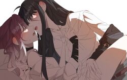 2girls absurdres after_kiss black_bra black_hair blush bra closed_eyes clothes_pull collared_shirt commentary_request ear_blush gradient_hair grey_skirt hand_on_another&#039;s_thigh highres illusion_moon korean_commentary long_hair looking_at_another multicolored_hair multiple_girls necktie off_shoulder open_mouth path_to_nowhere purple_hair rahu_(path_to_nowhere) saliva saliva_trail scar scar_on_hand shalom_(path_to_nowhere) shirt simple_background skirt skirt_pull sweat underwear white_background white_hair white_necktie white_shirt yuri