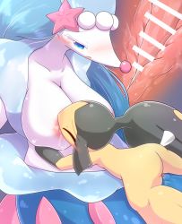 Rule 34 | 1boy, 1girl, ass, bar censor, blue eyes, blue hair, blush, breast sucking, breasts, censored, closed eyes, collarbone, creatures (company), cross-section, erection, extra mouth, game freak, gem, gen 3 pokemon, gen 7 pokemon, half-closed eyes, hetero, interspecies, kaceuth, large breasts, long hair, looking down, mawile, multiple views, nintendo, no humans, nose blush, open mouth, pearl (gemstone), penis, pokemon, pokemon (creature), pokephilia, primarina, pussy, pussy juice, sex, shiny skin, starfish, textless version, vaginal