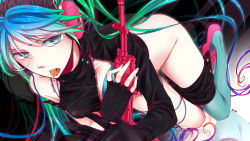 Rule 34 | 1girl, bad id, bad pixiv id, bottomless, candy, chitose kana, fingerless gloves, food, gloves, gradient hair, gun, hatsune miku, headphones, lollipop, long hair, looking at viewer, multicolored hair, rifle, solo, thighhighs, twintails, very long hair, vocaloid, weapon