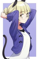Rule 34 | 1girl, absurdres, animal ears, blonde hair, blush, breasts, cat ears, cat tail, closed mouth, collarbone, fankupl, glasses, highres, looking at viewer, looking to the side, perrine h. clostermann, simple background, small breasts, smile, solo, strike witches, tail, upper body, world witches series, yellow eyes