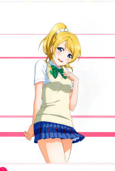 Rule 34 | 10s, 1girl, absurdres, arm behind back, ayase eli, blonde hair, blue eyes, blush, bow, bowtie, green bow, green bowtie, hair ornament, hair scrunchie, hand on own chest, high ponytail, highres, looking at viewer, love live!, love live! school idol festival, love live! school idol project, non-web source, official art, open mouth, otonokizaka school uniform, pleated skirt, ribbon, scan, school uniform, scrunchie, simple background, skirt, smile, solo, standing, striped bow, striped bowtie, striped clothes, vest