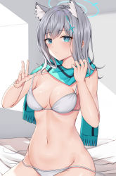 Rule 34 | 1girl, absurdres, animal ear fluff, animal ears, bed sheet, bikini, bikini pull, blue archive, blue eyes, blue scarf, breasts, clothes pull, grey hair, hair ornament, halo, hands up, heart, heart-shaped pupils, highres, looking at viewer, medium breasts, medium hair, moriyama a, navel, on bed, parted lips, pulled by self, scarf, shiroko (blue archive), sitting, solo, stomach, strap pull, swimsuit, symbol-shaped pupils, untied bikini, white bikini