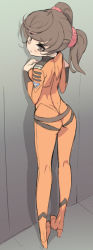 Rule 34 | 1girl, against wall, ass, blade (galaxist), blush, bodysuit, closed mouth, from behind, full body, high heels, long sleeves, looking at viewer, looking to the side, misaki yuria, orange bodysuit, solo, standing, twintails, uchuu senkan yamato, uchuu senkan yamato 2199