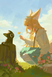 Rule 34 | 1girl, :d, absurdres, arknights, basket, black cat, black footwear, blonde hair, blue hairband, blue skirt, blue sky, cat, cloud, cloudy sky, commentary request, crossover, day, flower, frilled hairband, frills, from side, gejiandenghuo, grass, green eyes, hairband, high-waist skirt, highres, holding, holding flower, jacket, kitsune, long hair, long sleeves, luo xiaohei, luo xiaohei zhanji, mushroom, neck ribbon, open clothes, open jacket, open mouth, outdoors, pantyhose, profile, puffy long sleeves, puffy sleeves, red flower, red ribbon, ribbon, shirt, shoes, skirt, sky, smile, squatting, suzuran (arknights), suzuran (spring praise) (arknights), tree stump, very long hair, white jacket, white pantyhose, white shirt, yellow flower