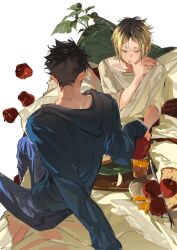 2boys atie1225 bed bed_sheet black_hair blonde_hair blue_hoodie blue_pants brown_hair cup food haikyuu!! holding holding_cup hood hoodie kozume_kenma kuroo_tetsurou long_sleeves looking_down male_focus medium_hair multicolored_hair multiple_boys pants pillow shirt short_hair spiked_hair white_shirt yaoi yellow_eyes