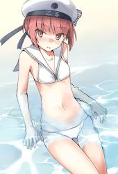 Rule 34 | 10s, 1girl, beret, bikini, blush, clothes writing, commentary request, fujii jun, hat, kantai collection, looking at viewer, navel, parted lips, partially submerged, red eyes, red hair, sailor bikini, sailor collar, short hair, solo, swimsuit, white bikini, white hat, z3 max schultz (kancolle)