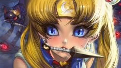 Rule 34 | 1girl, animal, bandages, bishoujo senshi sailor moon, blonde hair, blood, blue eyes, blue sailor collar, cat, choker, clothed animal, commentary, crescent, crescent earrings, cuts, derivative work, diadem, different shadow, earrings, elsevilla, english commentary, eye focus, facial mark, forehead mark, forehead protector, glowing, glowing eyes, hair over shoulder, heart, heart choker, highres, injury, jewelry, kunai, long hair, looking at viewer, luna (sailor moon), magical girl, meme, mouth hold, one-eyed, parted bangs, portrait, red choker, red eyes, sailor collar, sailor moon, sailor moon redraw challenge (meme), sailor senshi uniform, scar, scar across eye, scar on face, screenshot redraw, teeth, tsukino usagi, twintails, weapon