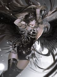 Rule 34 | 1girl, absurdres, armlet, arms up, bead necklace, beads, black hair, black leotard, black thighhighs, black wings, bracelet, breasts, commentary, cross, cross earrings, earrings, feathered wings, feet out of frame, grey eyes, hair between eyes, highres, jewelry, korean commentary, leotard, long hair, looking at viewer, medium breasts, mole, mole under eye, necklace, original, parted lips, red lips, silver trim, smile, solo, teeth, thighhighs, very long hair, vlfdus 0, wings