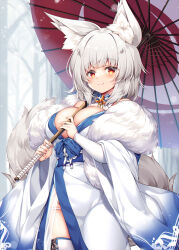 Rule 34 | animal ears, blurry, blurry background, blush, breasts, fox ears, fox tail, fur collar, grey hair, japanese clothes, kimono, large breasts, looking at viewer, medium hair, oil-paper umbrella, original, red eyes, roshin, smile, tail, umbrella