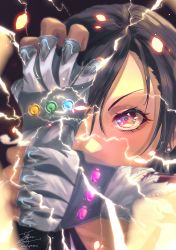 Rule 34 | 1girl, black hair, collarbone, commentary request, earrings, electricity, fadingzz, final fantasy, final fantasy vii, fingerless gloves, gloves, grabbing own arm, hand over eye, highres, holding own wrist, jewelry, looking at viewer, materia, parted bangs, partial commentary, pixiv id, red eyes, serious, signature, solo, sparks, tifa lockhart