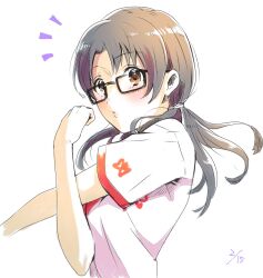 Rule 34 | 1girl, animal print, black-framed eyewear, brown eyes, brown hair, butterfly print, clenched hand, commentary request, crossed arms, dated, glasses, highres, idolmaster, idolmaster million live!, lesson wear (idolmaster million live!), light blush, long hair, looking at viewer, low twintails, notice lines, o3o, outstretched arm, parted lips, shirt, short sleeves, simple background, solo, sportswear, stretching, t-shirt, takayama sayoko, twintails, upper body, white background, white shirt, white sleeves, witoi (roa)