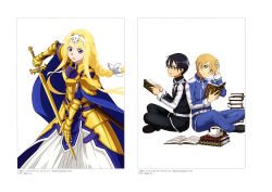 Rule 34 | 1girl, 2boys, absurdres, alice zuberg, armor, artist request, black shirt, blonde hair, blouse, blue shirt, braid, braided ponytail, eugeo, gold armor, hand in own hair, highres, holding, holding sword, holding weapon, kirito, long hair, multiple boys, shirt, sword, sword art online, sword art online: alicization, weapon, white background