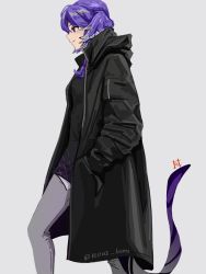 Rule 34 | 1girl, black coat, black shirt, closed mouth, coat, commentary, dragon tail, english commentary, feet out of frame, grey background, grey pants, hands in pockets, head wings, highres, long hair, long sleeves, lumirumi, nijisanji, nijisanji en, pants, profile, purple hair, red eyes, selen tatsuki, shirt, simple background, solo, tail, virtual youtuber, wings