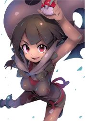Rule 34 | 1girl, absurdres, anklet, arm up, belt, breasts, brown hair, cloak, commentary, creatures (company), dark-skinned female, dark skin, eyelashes, game freak, grey shorts, grey thighhighs, highres, holding, holding poke ball, jewelry, legs apart, looking at viewer, nintendo, open mouth, over-kneehighs, poke ball, pokemon, pokemon oras, red belt, red eyes, rope belt, shirt, short hair, short shorts, shorts, smile, solo, thighhighs, tongue, yaguchi sumiharu, zinnia (pokemon)