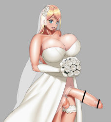 Rule 34 | 1girl, bar censor, bare shoulders, blaccura, blonde hair, blue eyes, bouquet, breasts, bridal veil, censored, cleavage, cowboy shot, dress, earrings, elbow gloves, erection, flower, full-package futanari, functionally nude, futanari, gloves, grey background, hair flower, hair ornament, happy, highres, huge breasts, jewelry, large penis, long hair, no bra, no panties, open mouth, original, penis, piercing, revealing clothes, rose, scrotum piercing, simple background, skirt, smile, solo, standing, strapless, strapless dress, testicles, veil, wedding dress, white flower, white gloves, white rose