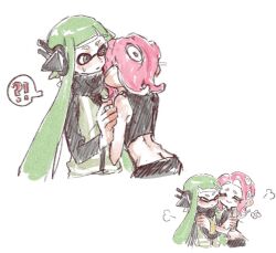 Rule 34 | !?, 2girls, agent 3 (splatoon), agent 8 (splatoon), black eyes, bright pupils, butt crack, closed eyes, film grain, green hair, headgear, high-visibility vest, inkling, inkling girl, inkling player character, long hair, long sleeves, medium hair, multiple girls, nintendo, octoling, octoling girl, octoling player character, pink hair, simple background, single bare shoulder, smile, splatoon (series), splatoon 2, splatoon 2: octo expansion, suction cups, tentacle hair, thenintlichen96, white background, white pupils