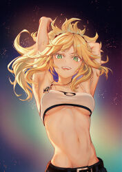 Rule 34 | 1girl, :d, absurdres, armpits, arms behind head, arms up, bare shoulders, belt, blonde hair, breasts, commentary request, crop top, denim, fate/apocrypha, fate (series), green eyes, hair ornament, hair scrunchie, highres, jewelry, long hair, looking at viewer, medium breasts, midriff, mordred (fate), mordred (fate/apocrypha), mordred (memories at trifas) (fate), navel, no jacket, open mouth, pendant, ponytail, red scrunchie, scrunchie, smile, solo, stomach, tostarin, underboob