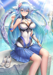 Rule 34 | 1girl, ahoge, animal ears, aqua hair, aquamarine (stone), armor, armpits, bare legs, bare shoulders, blue hair, blue skirt, blue sky, blush, breasts, chain, cleavage, cleavage cutout, closed mouth, clothing cutout, cloud, day, dragon, dragon ears, dragon girl, dragon tail, fantasy, feet out of frame, flower, gauntlets, hair between eyes, hair flower, hair ornament, hairband, highres, holding, holding jewelry, holding necklace, jewelry, large breasts, long hair, looking at viewer, morichika shuuto, multicolored hair, nail polish, necklace, ocean, original, outdoors, pendant, pink nails, pleated skirt, purple hair, ripples, rock, ruins, sandals, unworn sandals, sidelocks, sitting, skirt, sky, smile, solo, sparkle, summer, sunlight, tail, very long hair, water, wet tail