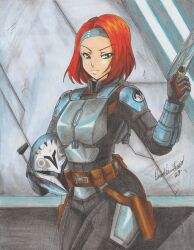 Rule 34 | 1girl, 2023, absurdres, angry, belt, bo-katan kryze, closed mouth, green eyes, gun, highres, holding, holding weapon, ravernclouk design, red hair, short hair, star wars, the mandalorian, traditional media, weapon, weapon bag
