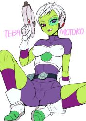 Rule 34 | 10s, 1girl, armor, artist request, boots, breasts, cheelai, colored skin, curvy, dragon ball, dragon ball super, female focus, gloves, green-tinted eyewear, green eyes, green skin, gun, hip focus, looking at viewer, medium breasts, partially visible vulva, scouter, short hair, simple background, sitting, smile, solo, sweat, thick thighs, thighs, tinted eyewear, weapon, white hair