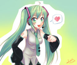 Rule 34 | 1girl, :d, ahoge, detached sleeves, green eyes, green hair, hair ornament, hatsune miku, heart, long hair, looking at viewer, luzi, matching hair/eyes, necktie, open mouth, pointing, pointing at viewer, signature, smile, solo, spoken heart, twintails, vocaloid