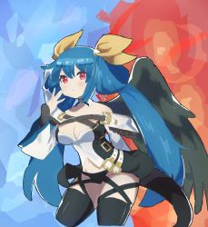 Rule 34 | 1girl, :o, absurdres, angel wings, arm up, arms behind back, asymmetrical wings, bare shoulders, belt, black panties, blue eyes, blush, breasts, cleavage, detached collar, detached sleeves, dizzy (guilty gear), fire, guilty gear, guilty gear xrd, hair between eyes, hair rings, hand on own face, highres, ice, large breasts, long hair, mature female, midriff, monster girl, navel, open mouth, panties, red eyes, ribbon, rising (risingacetrainer), sidelocks, solo, stomach, tail, thigh strap, thighhighs, thighs, twintails, two-tone background, underwear, wings, yellow ribbon