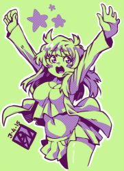 Rule 34 | 1girl, arms up, babydoll t-shirt, blush stickers, breasts, cleavage, cowboy shot, dated, green background, green theme, jacket, long hair, lowres, monochrome, navel, open mouth, original, outline, poch4n, skirt, solo, star (symbol), teeth, upper teeth only
