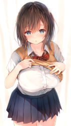 Rule 34 | 1girl, :o, black skirt, blue eyes, blush, bow, bowtie, breasts, brown hair, collared shirt, dress shirt, hands on own chest, highres, large breasts, lifted by self, long hair, looking at viewer, miniskirt, original, pleated skirt, red bow, school uniform, shirt, short sleeves, simple background, skirt, solo, sune (mugendai), sunshine creation, sweater vest, vest lift, white shirt