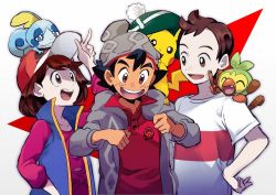 Rule 34 | 1girl, 2boys, ash ketchum, baseball cap, beanie, black hair, brown eyes, brown hair, buttons, cable knit, cardigan, clothed pokemon, commentary request, cosplay, costume switch, creatures (company), dress, game freak, gen 1 pokemon, gen 8 pokemon, gloria (pokemon), grey cardigan, grey headwear, grookey, hand on own hip, hat, multiple boys, nintendo, on head, open cardigan, open clothes, open mouth, pikachu, pink dress, pokemon, pokemon (anime), pokemon (creature), pokemon journeys, pokemon on head, pokemon swsh, red shirt, saiko aida (pkmn soda), shirt, short sleeves, sleeveless, sleeveless jacket, smile, sobble, t-shirt, teeth, tongue, victor (pokemon), white shirt