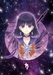 Rule 34 | 1girl, bishoujo senshi sailor moon, black hair, bow, brooch, brown bow, character name, choker, closed mouth, earrings, expressionless, female focus, jewelry, looking at viewer, magical girl, neck, necklace, nickii25, outer senshi, polearm, purple background, purple choker, purple eyes, purple sailor collar, purple theme, red bow, sailor collar, sailor saturn, saturn symbol, short hair, silence glaive, solo, spear, star (symbol), star brooch, star necklace, tiaracollarbone, tomoe hotaru, weapon