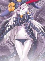 Rule 34 | 1girl, abigail williams (fate), abigail williams (third ascension) (fate), bare shoulders, black bow, black hat, black panties, bow, breasts, colored skin, fate/grand order, fate (series), forehead, glowing, glowing eye, grin, hat, keyhole, long hair, looking at viewer, navel, orange bow, outstretched arms, panties, papaya (neopapaya2020), parted bangs, pink eyes, polka dot, polka dot bow, sharp teeth, smile, solo, teeth, tentacles, third eye, underwear, white hair, white skin, witch hat
