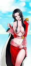 Rule 34 | 1girl, absurdres, areola slip, bare shoulders, black hair, boa hancock, breasts, cleavage, deepwhite, earrings, highres, jewelry, large breasts, light smile, lips, long hair, long image, navel, one piece, sky, snake earrings, solo, tall image