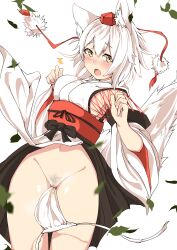 1girl absurdres animal_ears black_ribbon black_skirt blush breasts commentary_request cowboy_shot cross-laced_clothes cross-laced_sleeves falling_leaves female_pubic_hair fundoshi grey_pubic_hair hair_between_eyes hat highres houkai_(collapse_illust) inubashiri_momiji japanese_clothes kimono kourindou_tengu_costume large_breasts leaf looking_at_viewer nose_blush obi obijime open_mouth panties pom_pom_(clothes) pubic_hair red_hat red_sash ribbon sash short_hair sideboob simple_background skirt solo stained_panties tail tearing_up tokin_hat touhou underwear wardrobe_malfunction white_background white_hair white_kimono wind wind_lift wolf_ears wolf_girl wolf_tail yellow_eyes