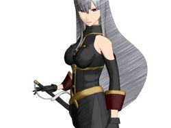 Rule 34 | 00s, detached sleeves, gloves, long hair, military, military uniform, pantyhose, red eyes, selvaria bles, senjou no valkyria, senjou no valkyria (series), senjou no valkyria 1, silver hair, solo, sword, uniform, weapon, white background, yosshi