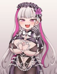 Rule 34 | 1girl, :3, blush, bra, breasts, colored eyelashes, commission, cupless bra, eternity (last origin), fang, front-tie bra, gloves, goth fashion, hairband, highres, hollyeung, huge breasts, last origin, lolita hairband, looking at viewer, multicolored hair, ojou-sama pose, open mouth, oppai loli, personality switch, pixiv commission, smile, smug, solo, thetis (last origin), thick eyelashes, two-tone hair, underwear