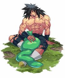 Rule 34 | 1boy, abs, animal, bara, broly (dragon ball super), bruise, bruise on face, bulge, cat, cuts, dragon ball, dragon ball super, dragon ball super broly, drooling, facial scar, full body, green fur, highres, injury, large pectorals, male focus, medium hair, muscular, muscular male, navel, nipples, pants, pectorals, scar, scar on cheek, scar on chest, scar on face, topless male, sitting, skin tight, sleeping, sleeping upright, solo, stomach, thick thighs, thighs, torawar, torn clothes, torn pants