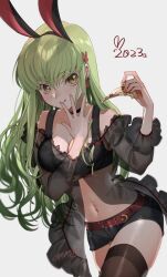 Rule 34 | 1girl, animal ears, belt, black choker, black shorts, breasts, c.c., choker, cleavage, code geass, creayus, crop top, earrings, fake animal ears, food, green hair, highres, holding, holding food, holding pizza, jewelry, long hair, looking at viewer, medium breasts, pizza, pizza slice, rabbit ears, see-through, shorts, solo, yellow eyes